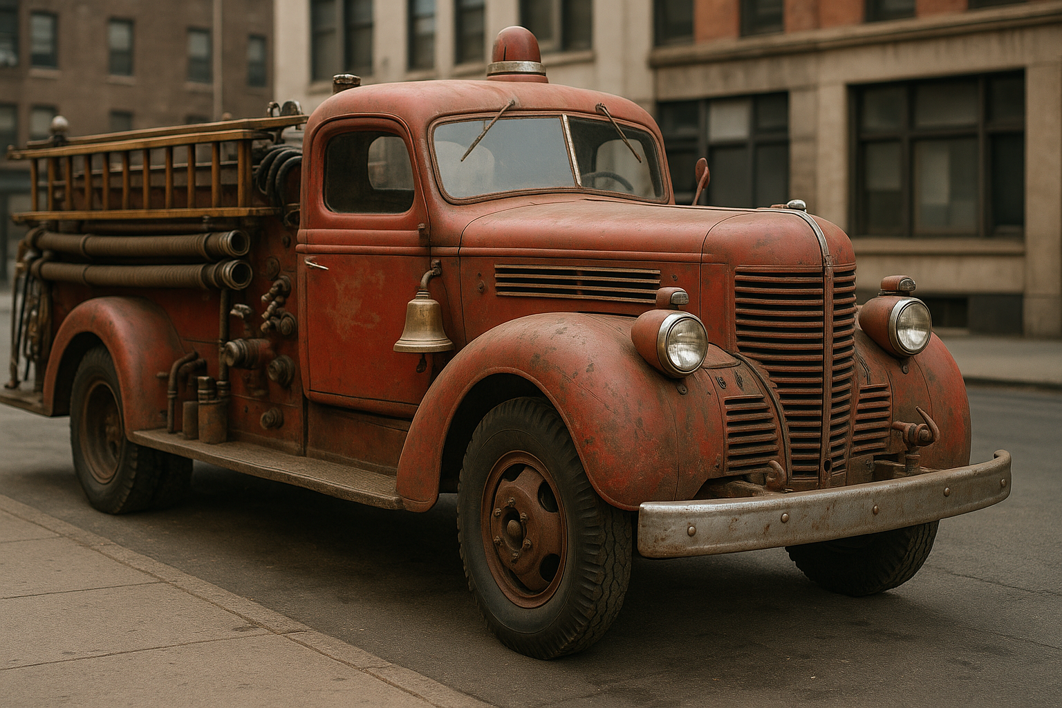 Vintage rusted fire truck on a city street