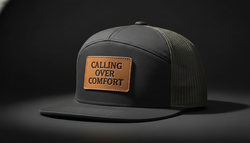 Charcoal Gray Hat with Tan Leather Patch and Black Engraving