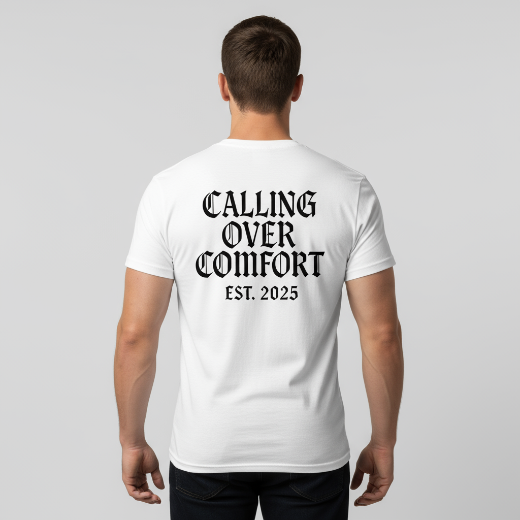 Fit man wearing Calling Over Comfort white t-shirt - back view