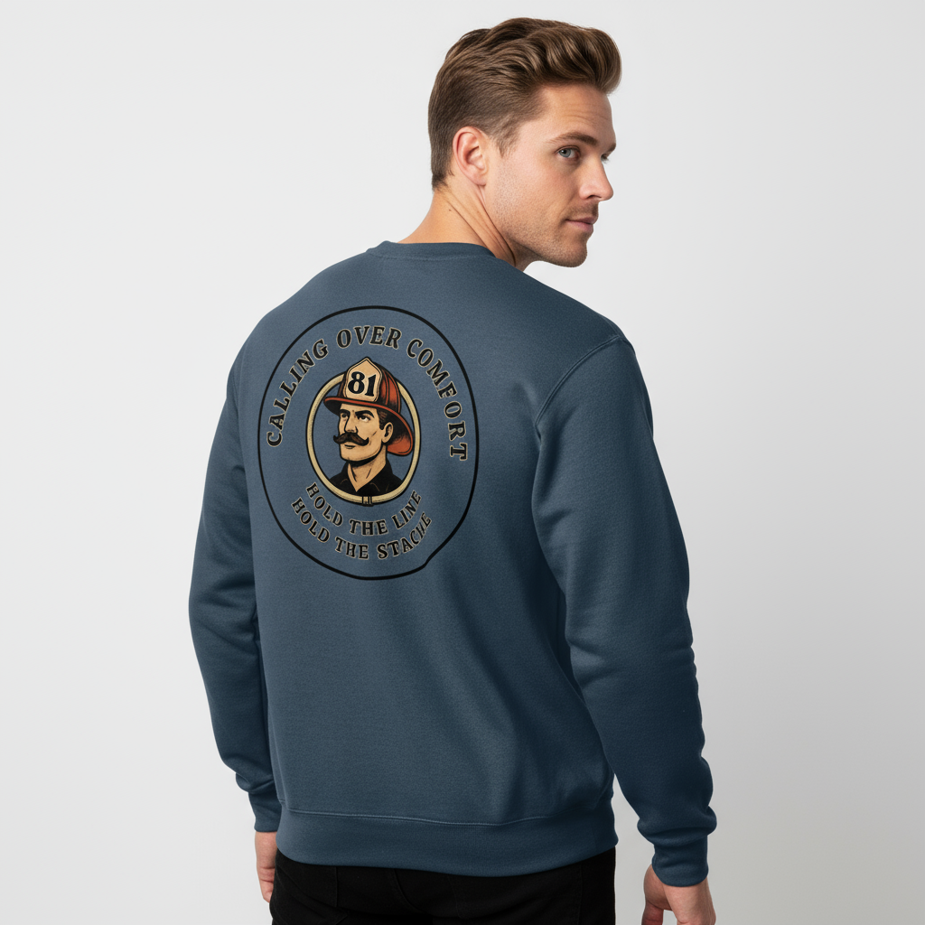 Fit model in blue sweatshirt looking behind