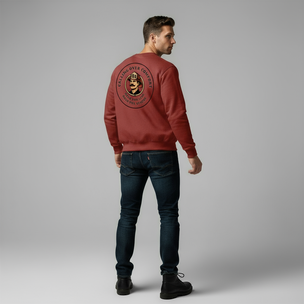 Fit model in red sweatshirt with relaxed natural pose and black boots
