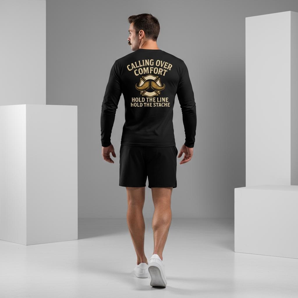 Fit model with mustache wearing black long sleeve shirt