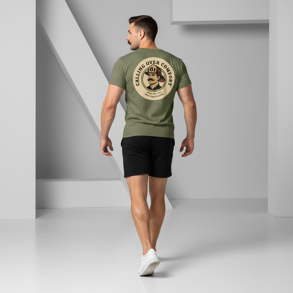 Fit model with mustache wearing olive green t-shirt