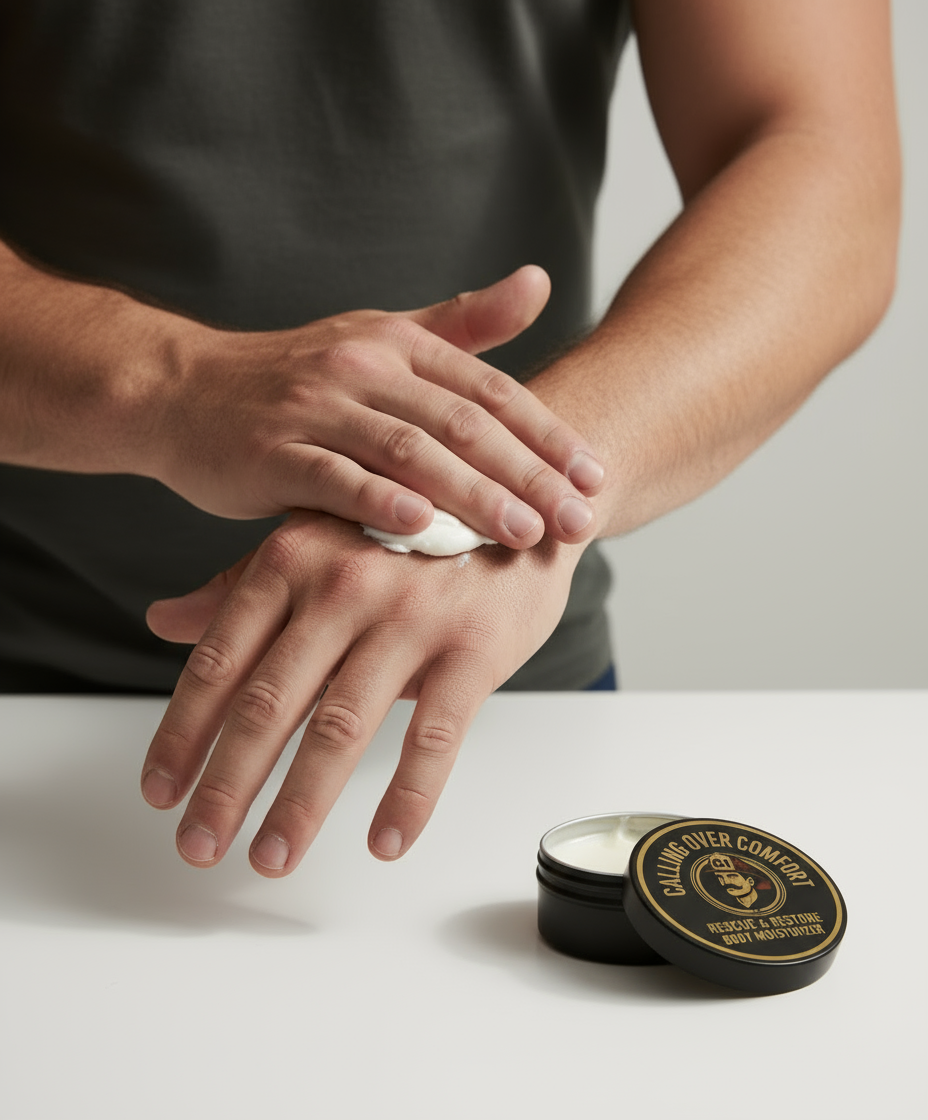 Man applying Calling Over Comfort Rescue & Restore