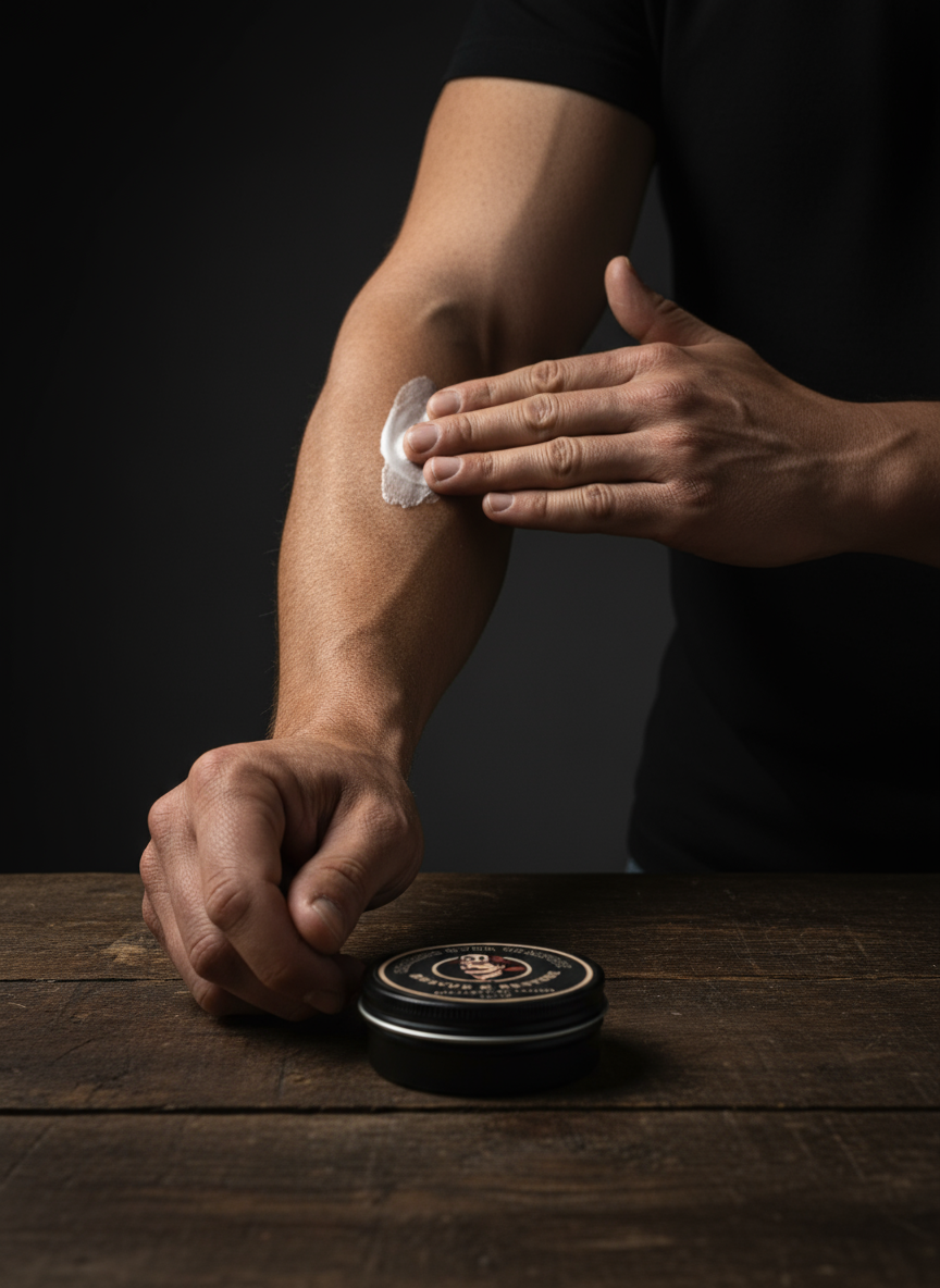 Man applying cream with tin on surface