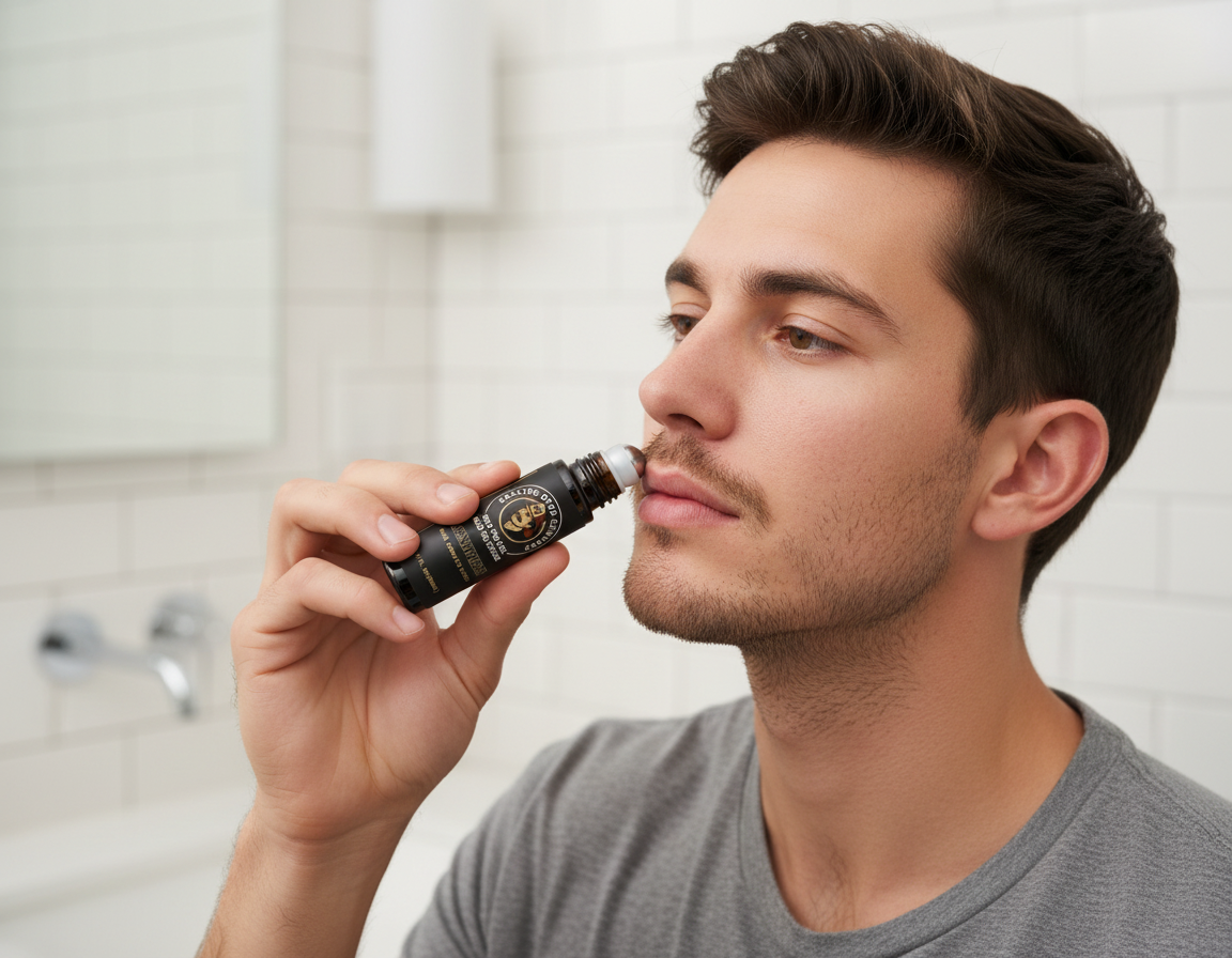 Man applying to sparse mustache