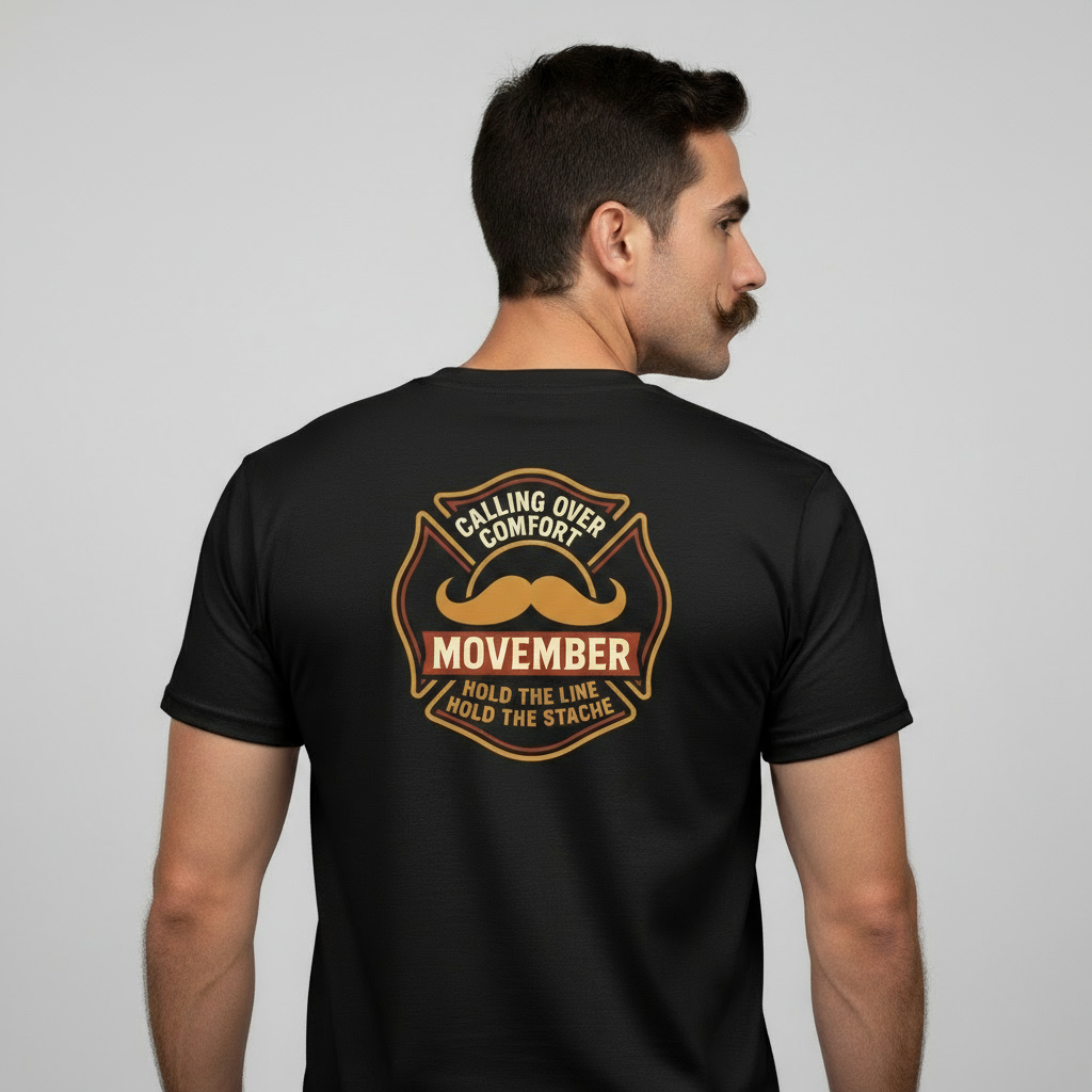 Man wearing Movember t-shirt with larger logo