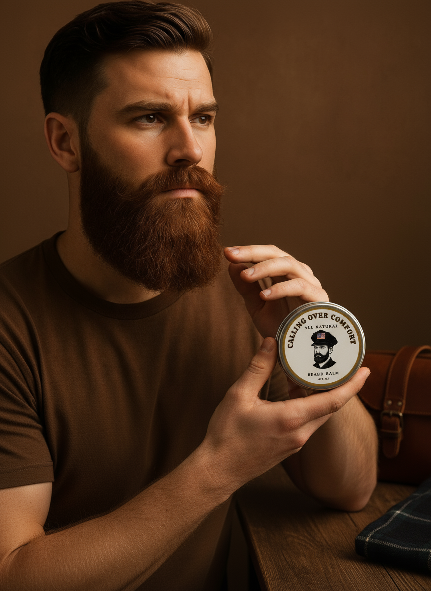 Man with beard holding Calling Over Comfort beard balm