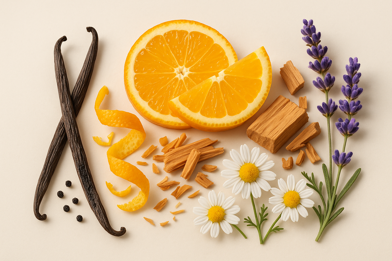 NO IT HAS, VANILLLA BEAN, SWEET ORANGE, SANDALWOOD, CHAMOMILLE AND LAVANDER