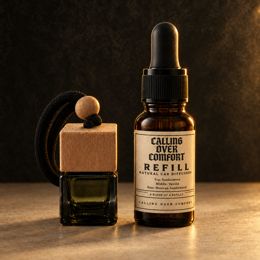 Studio product shot of the Calling Over Comfort car diffuser cube and refill bottle
